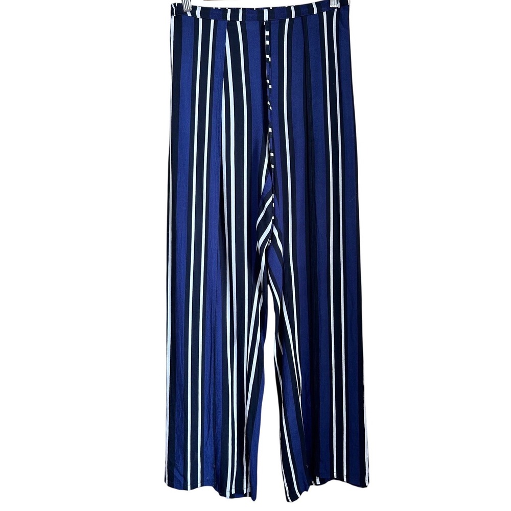 Maeve Anthropologie Navy Blue Striped Wide Leg High Slit Pants XS Coastal Beach